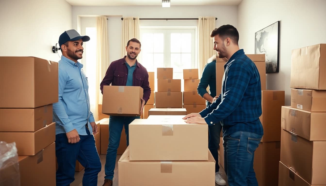 Movers in action with packed boxes showcasing moving companies calgary services in a bright, engaging environment.