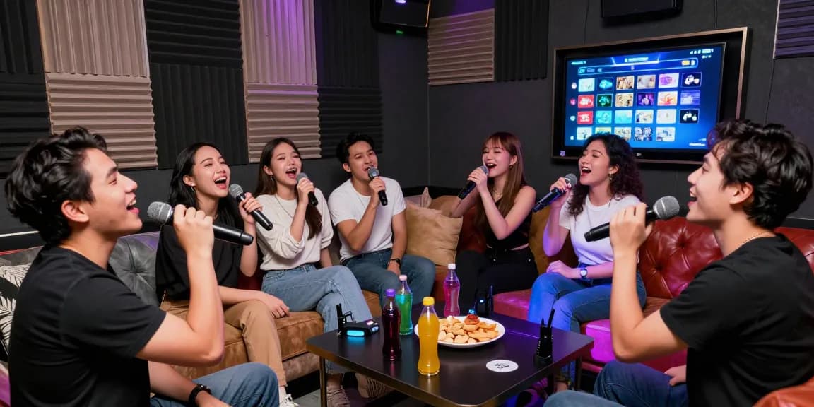 강남가라오케에서 즐거운 노래를 부르는 친구들, 세련된 환경과 다채로운 조명으로 분위기를 돋우는 장면