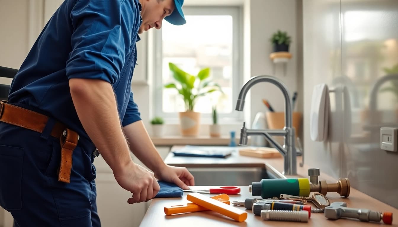 Plumber near me fixing a sink in a bright, modern kitchen.