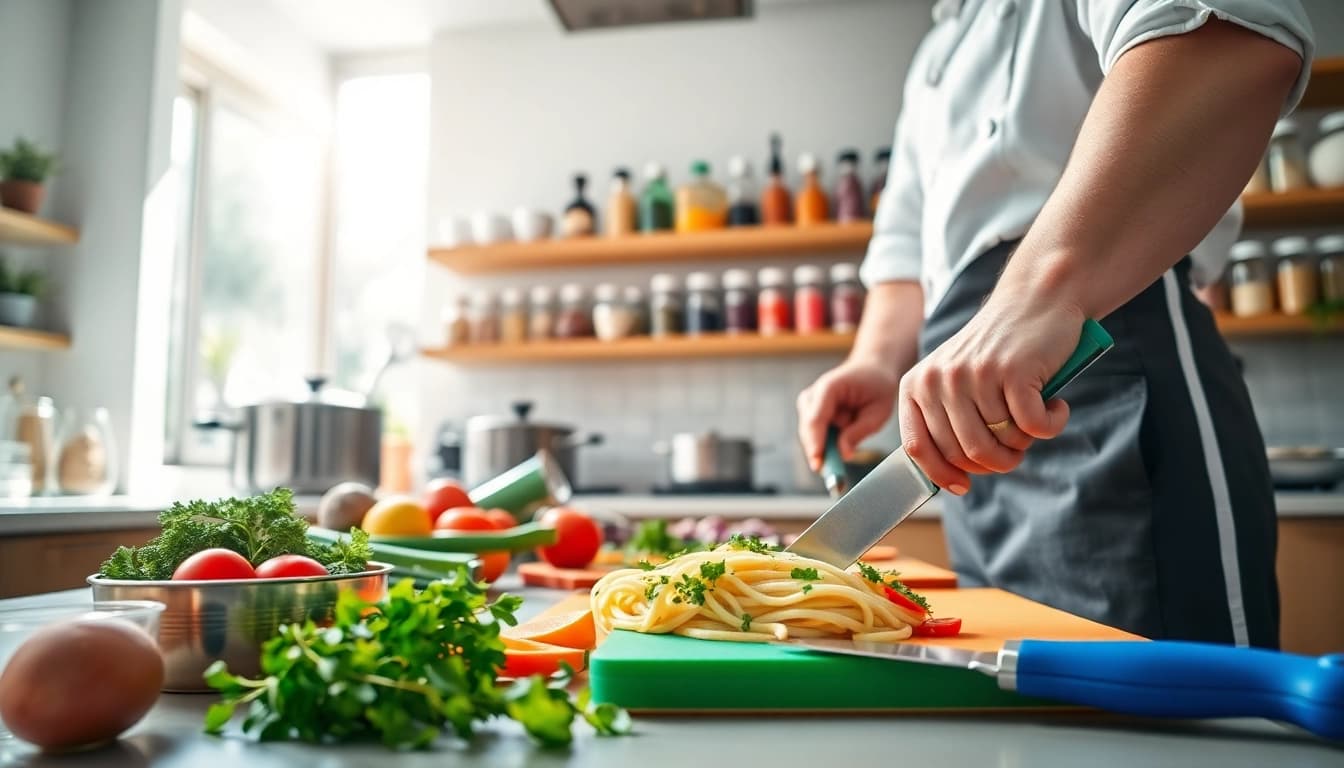 Prepare delicious meals with dishfacts in a vibrant kitchen, showcasing fresh ingredients and cookware.