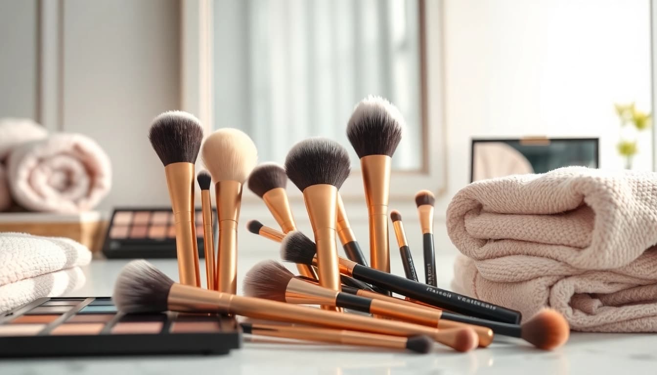 Beautify your makeup routine with premium makeup blending brushes arranged on a chic vanity.
