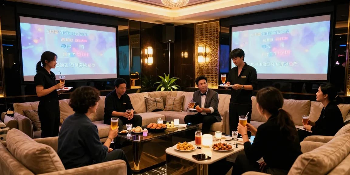 강남쩜오에서 프리미엄 서비스를 제공하는 고급 가라오케 라운지의 아름답고 세련된 분위기
