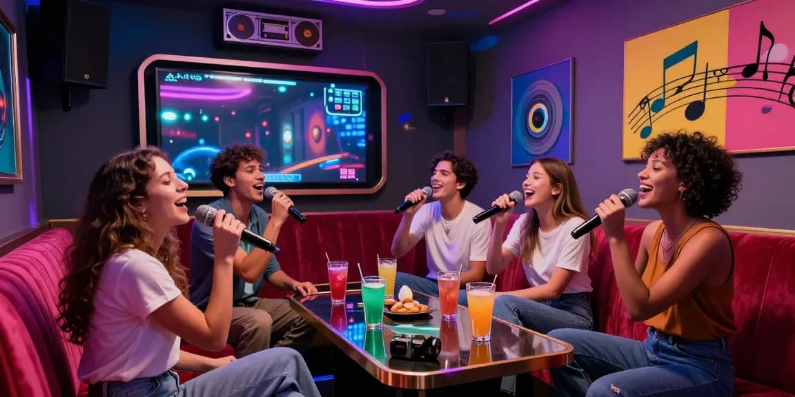 강남가라오케에서 친구들과 함께 노래를 즐기는 화려한 분위기의 카라오케룸 모습