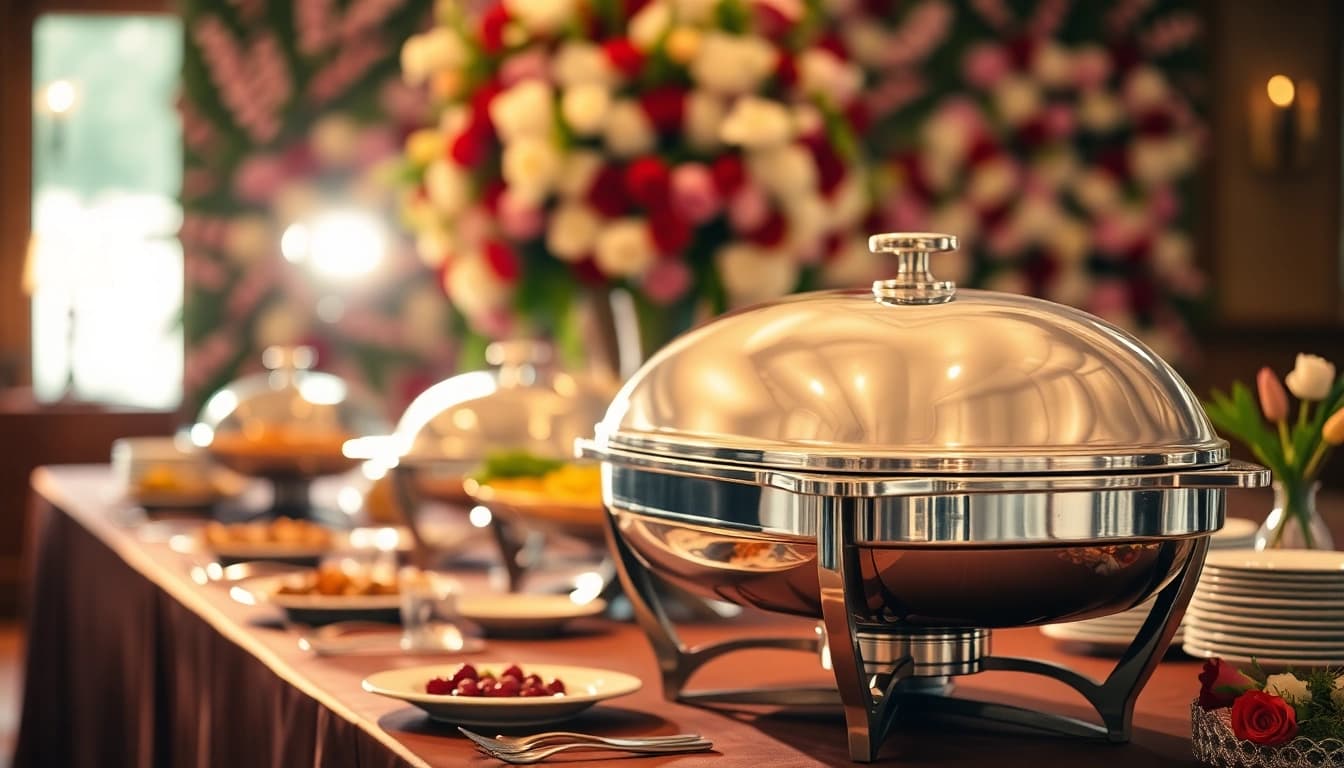 Set up a chafing dish on a buffet table adorned with flowers and warm lighting.