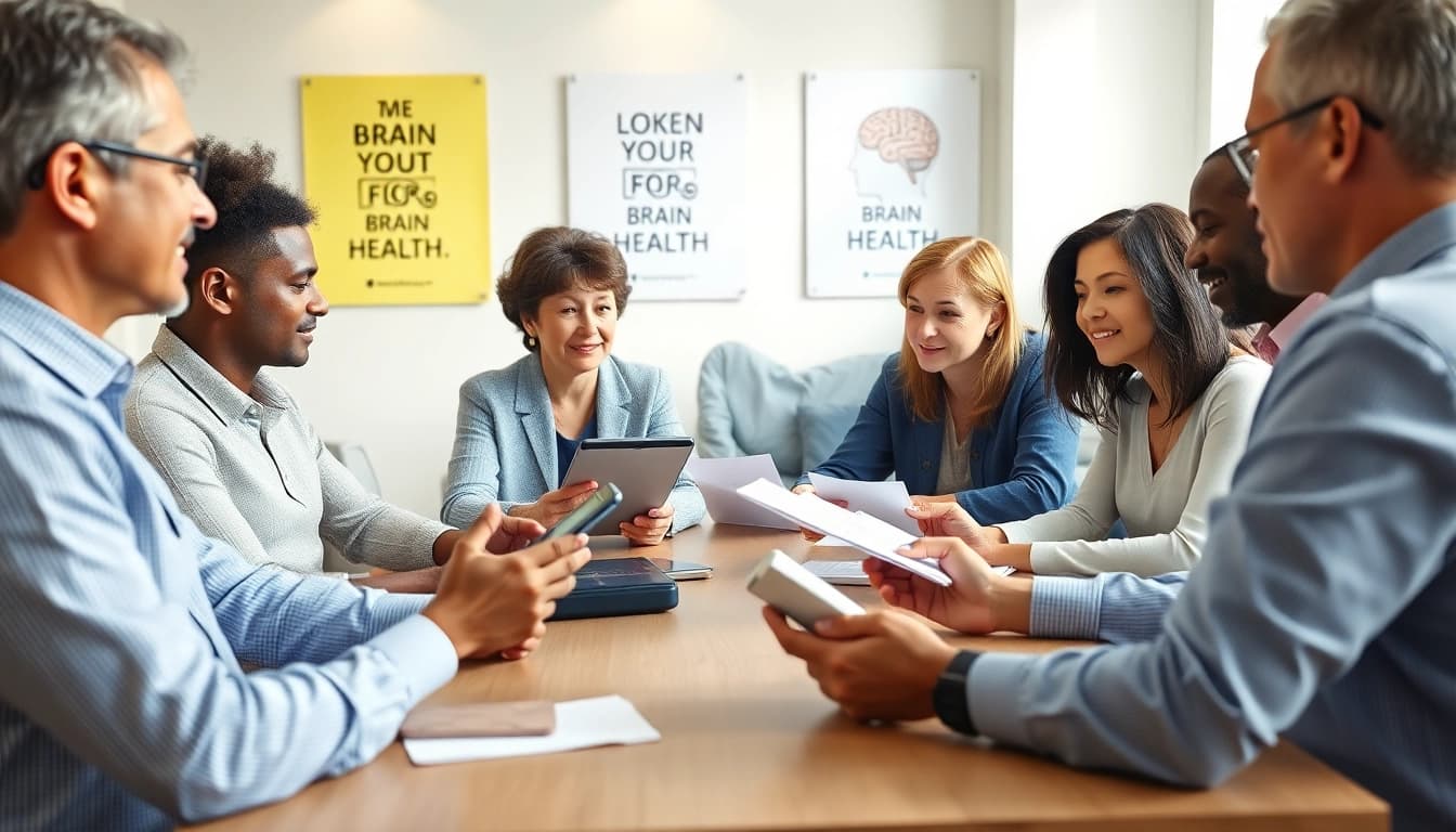 Cognitive test assessment scene with individuals discussing results in a professional setting.