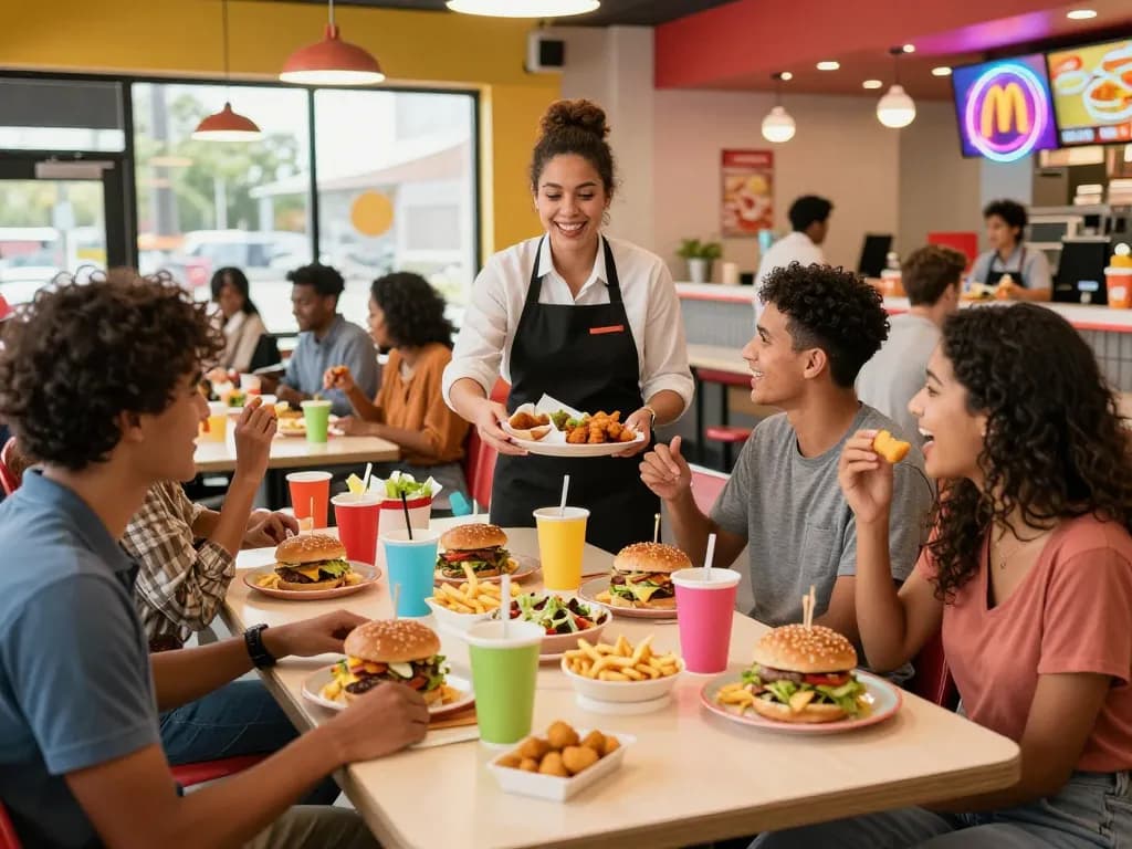 Friends sharing a fast food menu feast in a lively restaurant setting.
