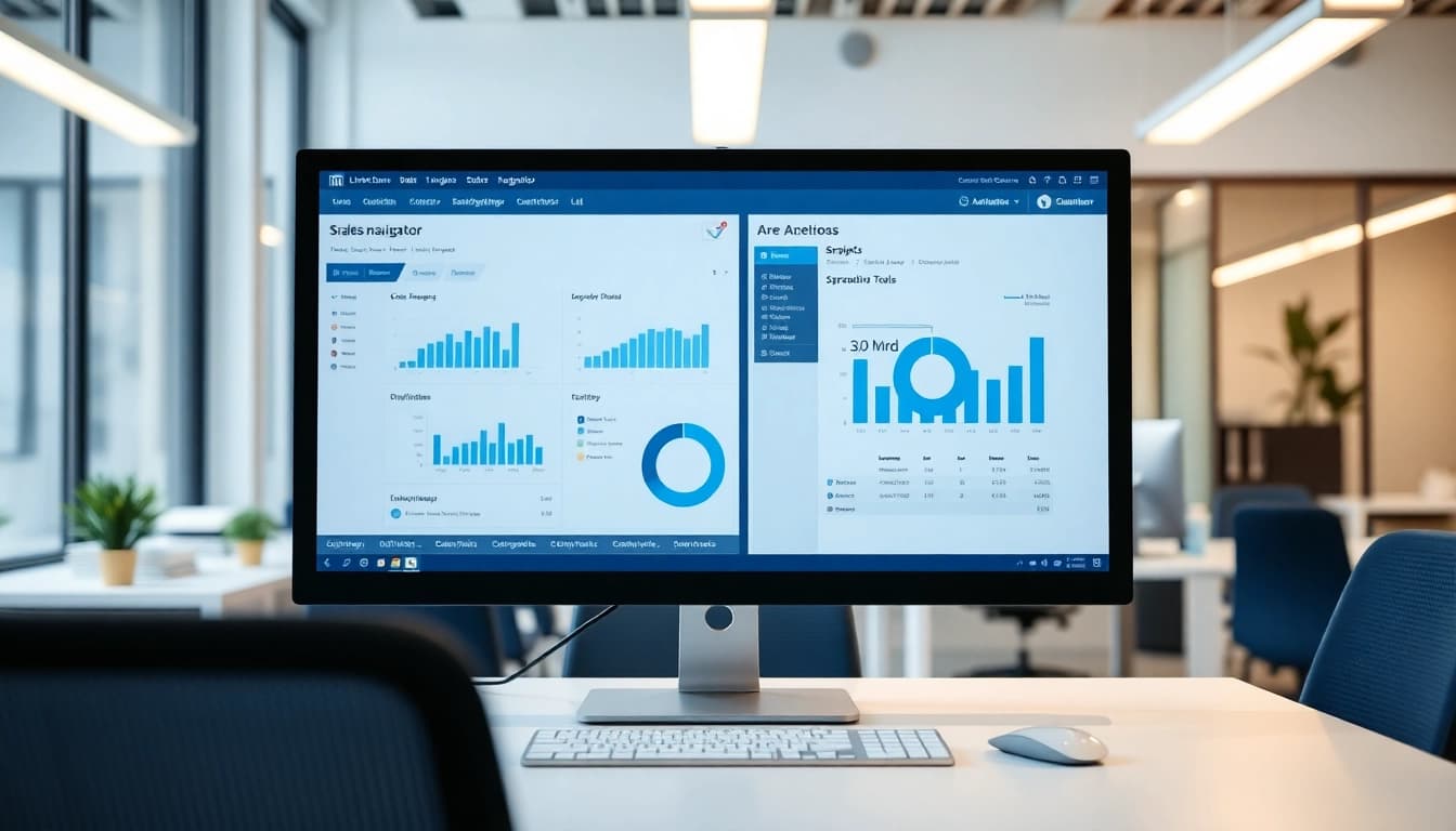 Showcase the best sales navigator scraping tool in a modern office setup with data analytics visuals.