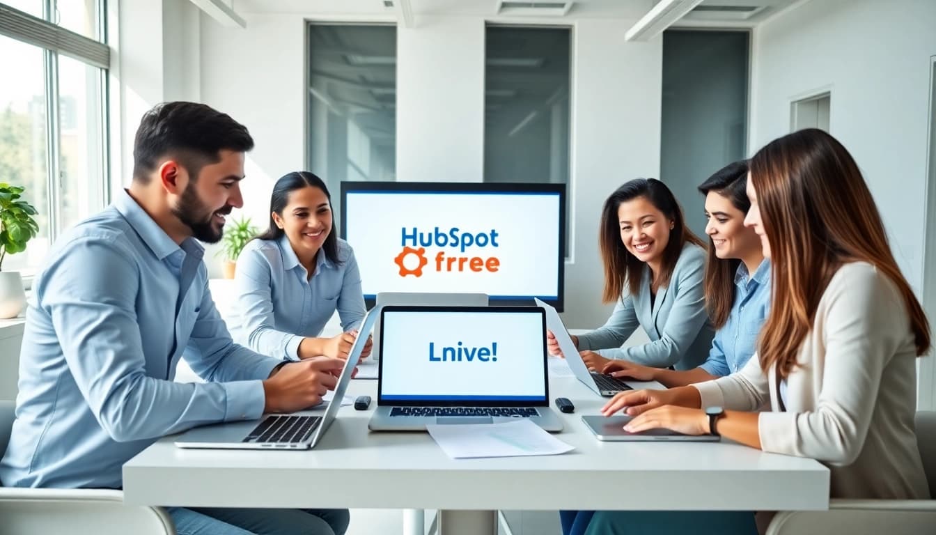 Utilizing HubSpot CRM free in a modern office setting, showcasing collaboration and technology.
