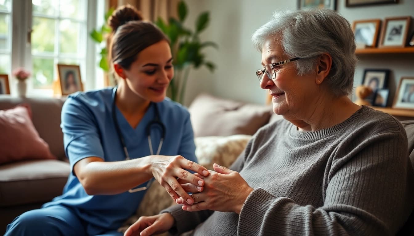 Caregiver providing in home care for seniors in a warm living room environment, fostering a sense of trust.