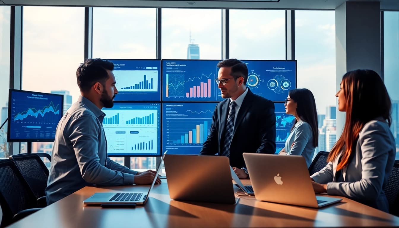 AI for competitive intelligence analysis in a high-tech office environment.