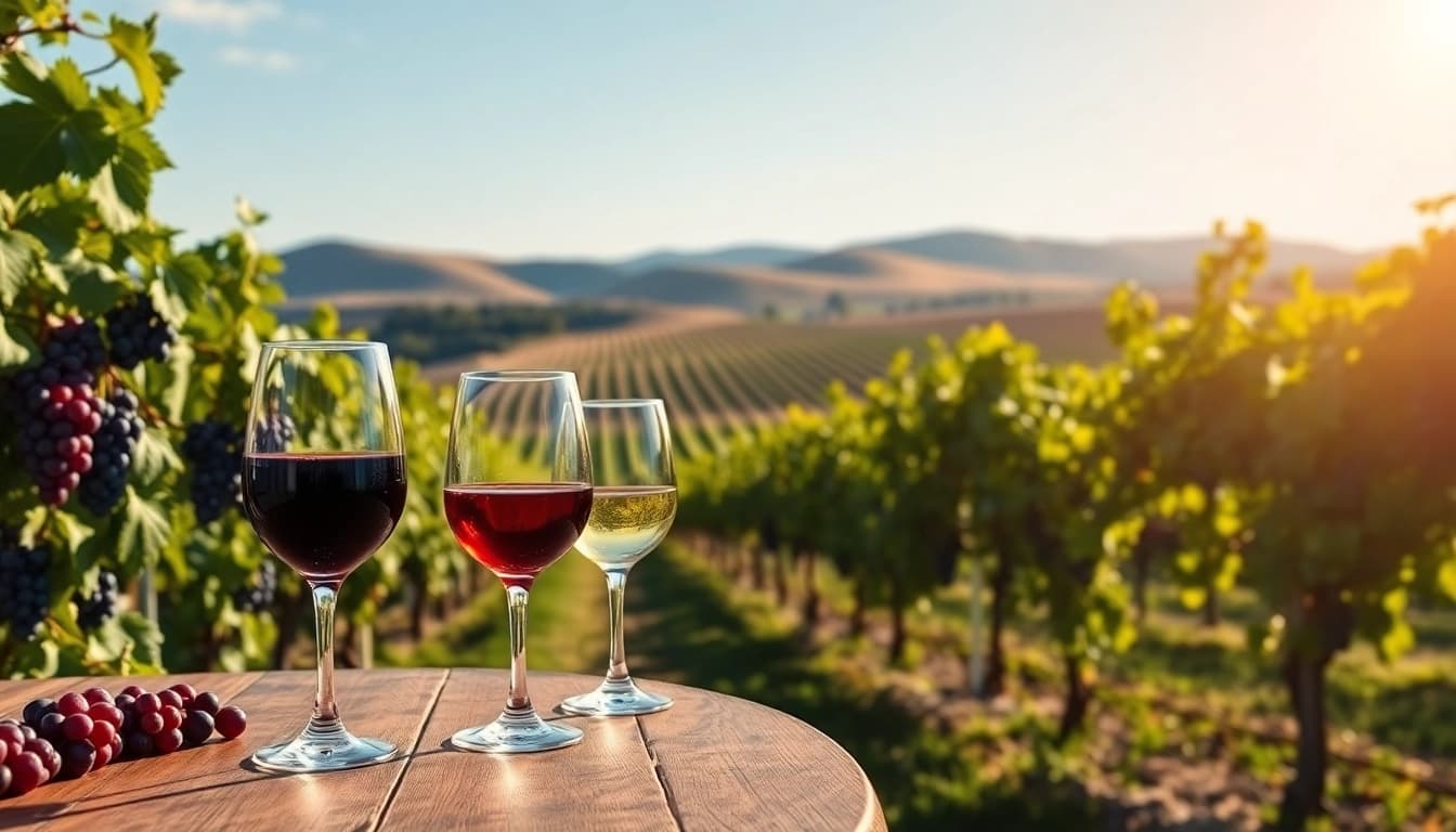 Enjoy Clarksburg wines on a rustic table surrounded by lush vineyards, embodying elegance.