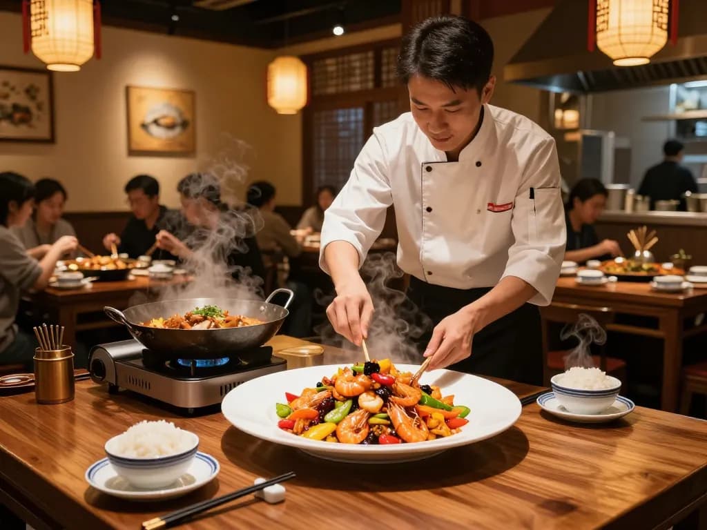 Delicious kung pao shrimp preparation at a cozy Chinese restaurant featuring 88Pulsa branding.