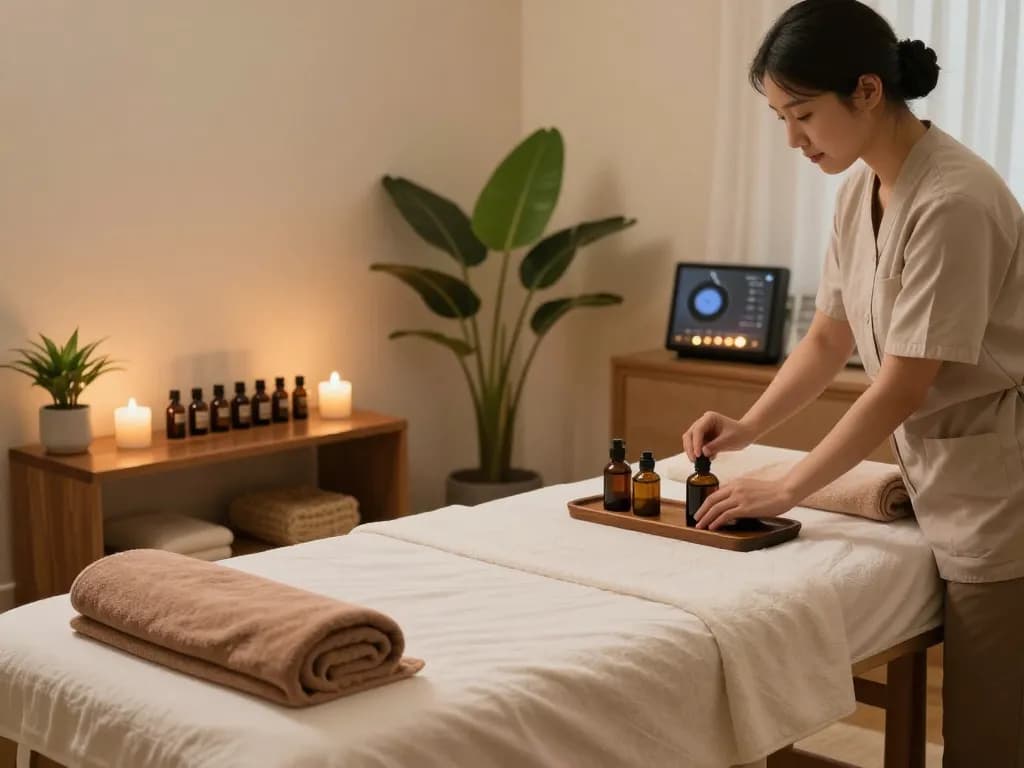 신사동마사지 experience in a tranquil spa room with calming decor and therapist preparing oils.