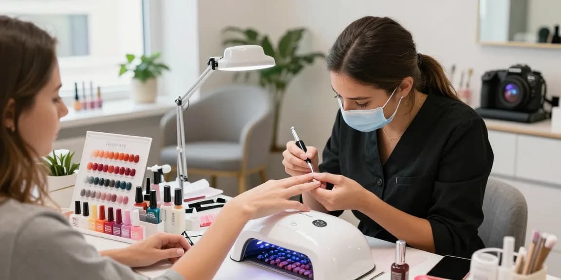Aplicarea ojei semipermanente într-un salon de înfrumusețare elegant, cu culori vibrante de lac de unghii gel.