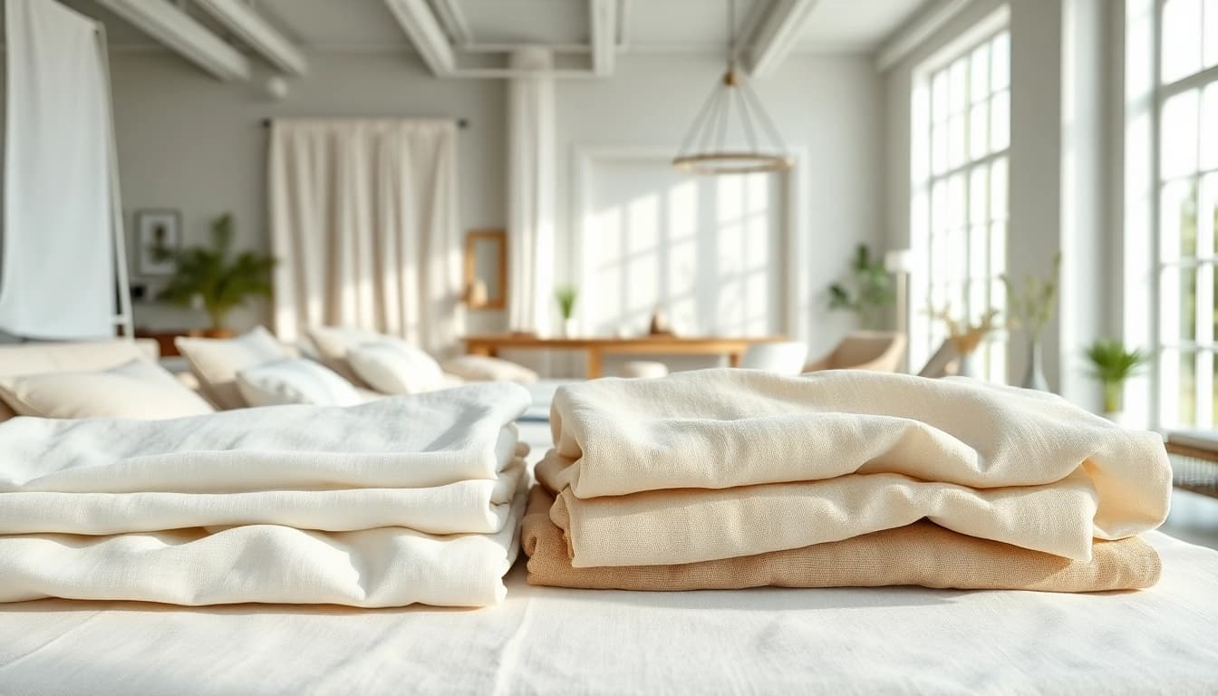 Bekijk hoogwaardige linnen stoffen in een elegante showroom vol texturen en kleuren.