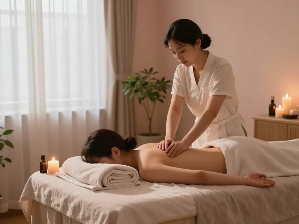 Serene 치평동마사지 scene showcasing a client enjoying a Swedish massage in a calming spa environment.