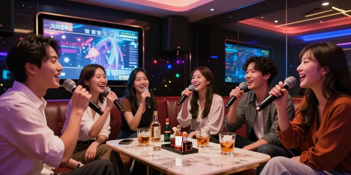 강남 가라오케에서 친구들과 함께 즐거운 노래를 부르는 모습