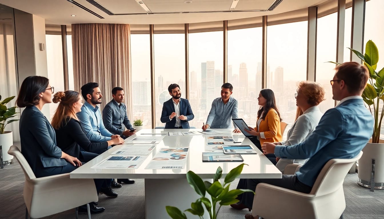 Engaging event management planning session with diverse professionals discussing ideas in a modern office