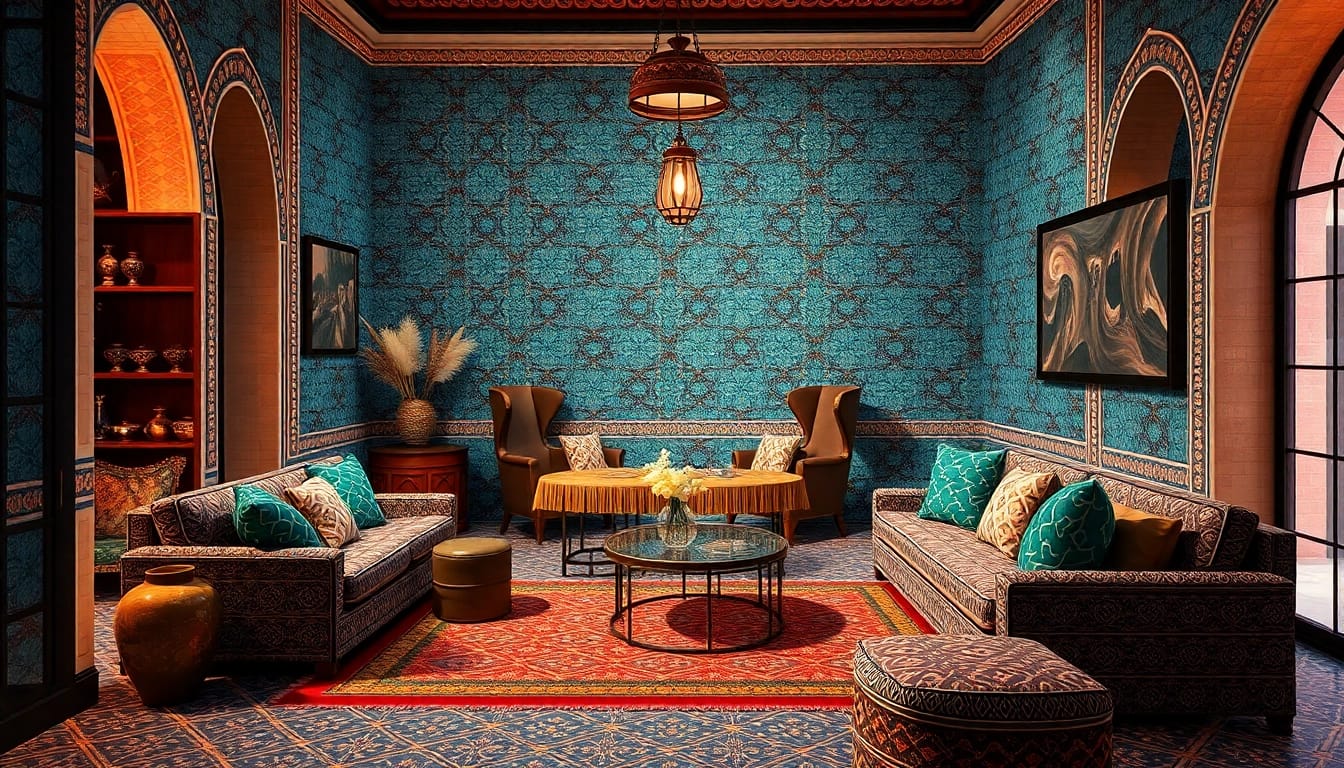 Carreaux Zellige dans une pièce luxueuse d'inspiration marocaine, présentant des motifs complexes et des couleurs chaudes.