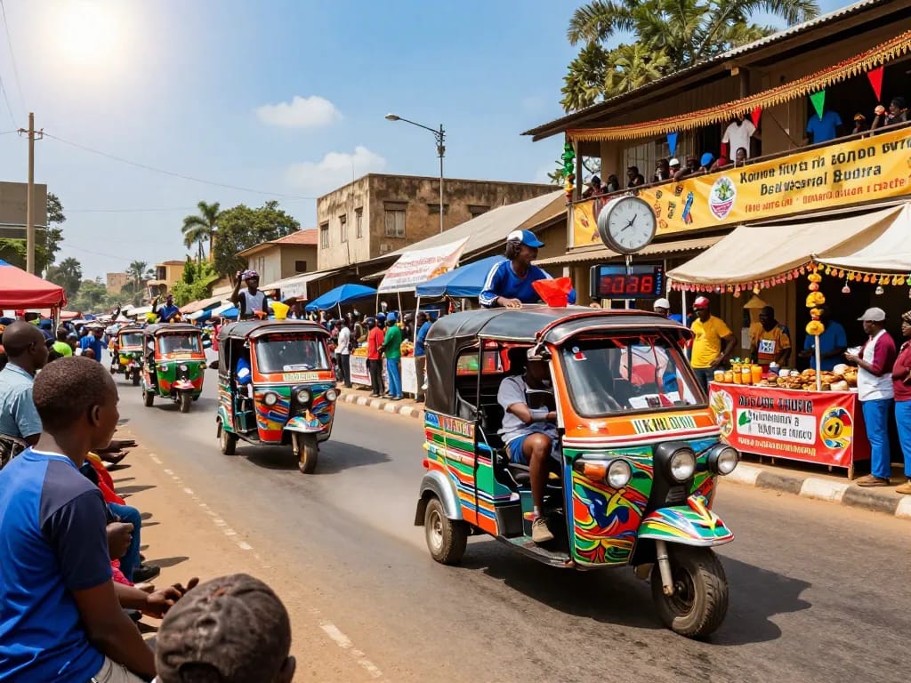 Tuk tuk racing Kenya: Enthusiastic participants compete in vibrant, custom tuk tuks during an exhilarating street race in Nairobi.