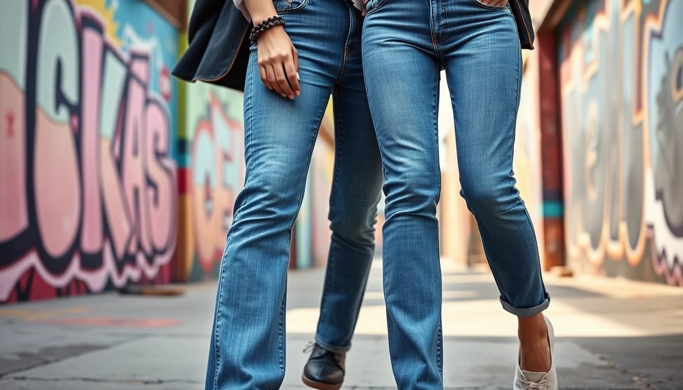 Fashion-forward women in womens slim straight jeans pose confidently in an urban art scene.
