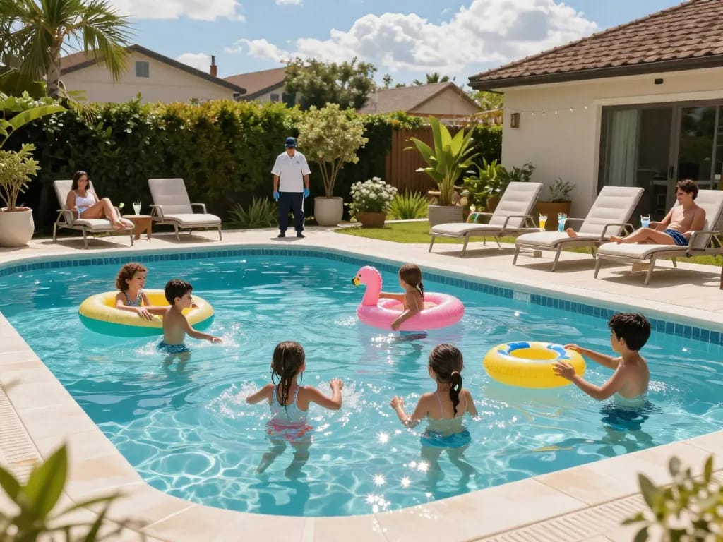 Dolphin Pool Services providing professional pool maintenance in a vibrant backyard setting.