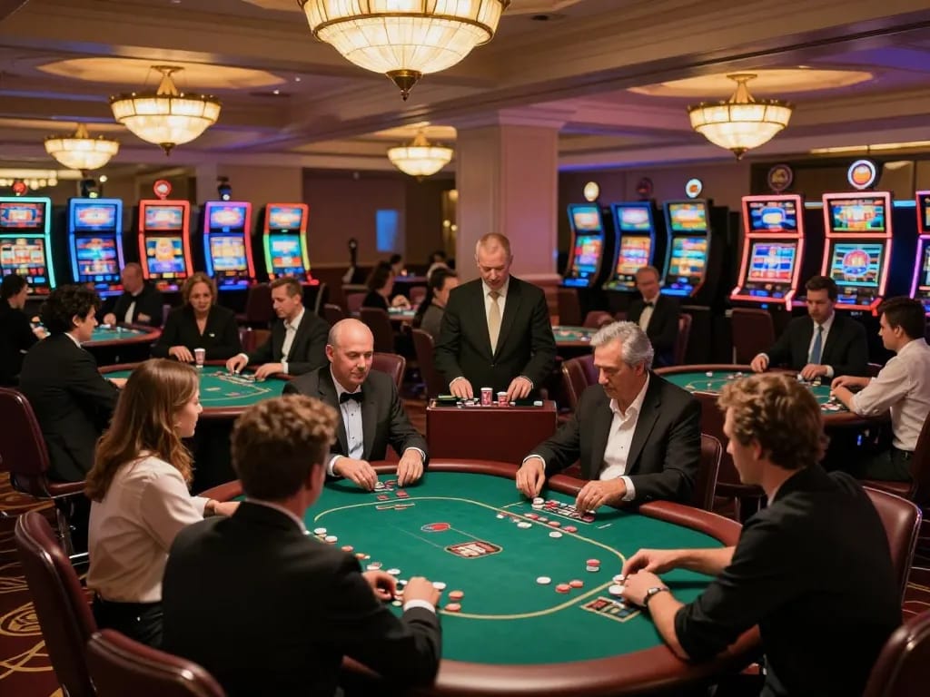 nhacaiuytin showcasing vibrant casino atmosphere with engaged players and professional dealers at poker tables