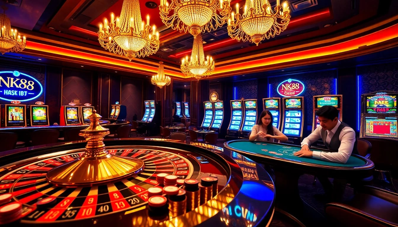 Betting at the NK88 casino table with vibrant chips and an exciting atmosphere.