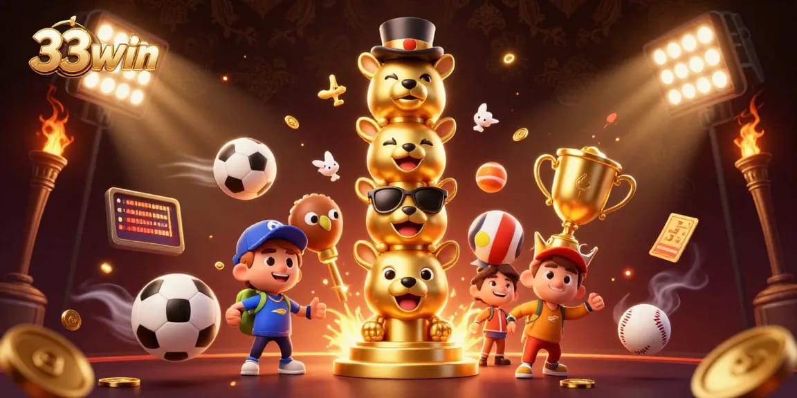 Experience the excitement of 33win with dynamic sports elements and golden casino accessories.