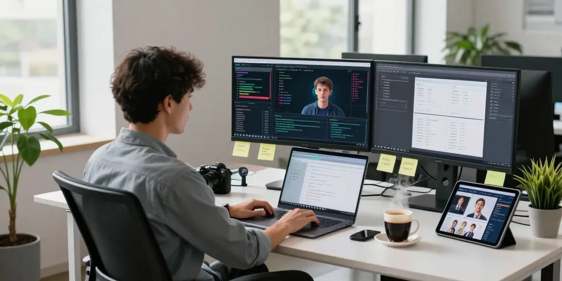 Focused data analyst using a free ai detector for image analysis in a modern office.