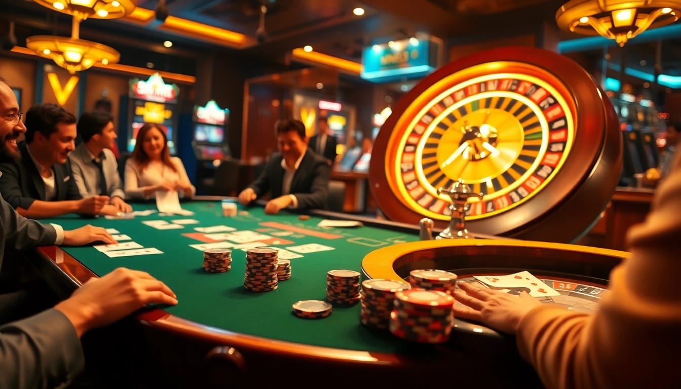 MM88's thrilling casino action featuring a lively poker table and spinning roulette wheel.