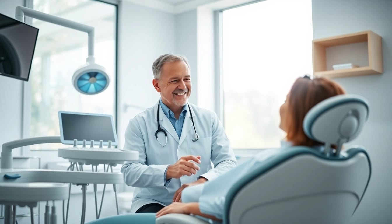 Dentist in Manhattan IL consulting with a patient in a modern dental office.