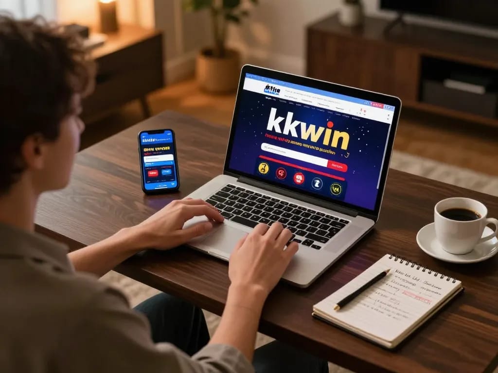 A player enjoying kkwin online casino on a laptop at home, focused on strategic betting.