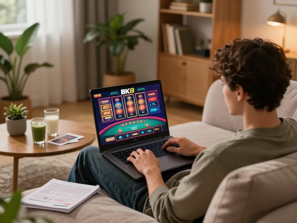Player engaging in online gambling at BK8 with lively gaming screens and strategy notes in a cozy setting.
