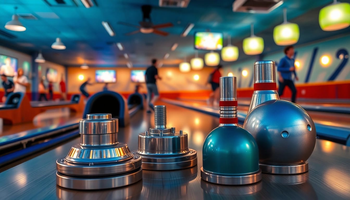 Bowling parts for Brunswick showcased in a vibrant bowling alley setting with detailed machine components.