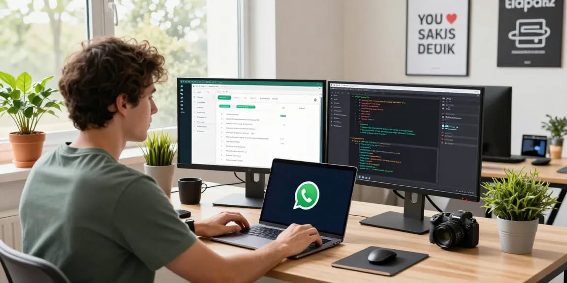 Developer optimizing WhatsApp下載 features in a modern tech workspace.