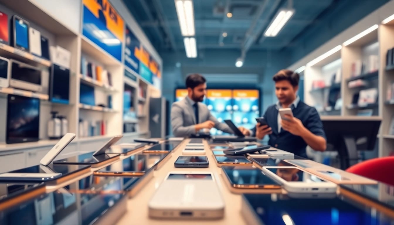 Cash phone buyer assessing smartphones in a vibrant electronics shop.