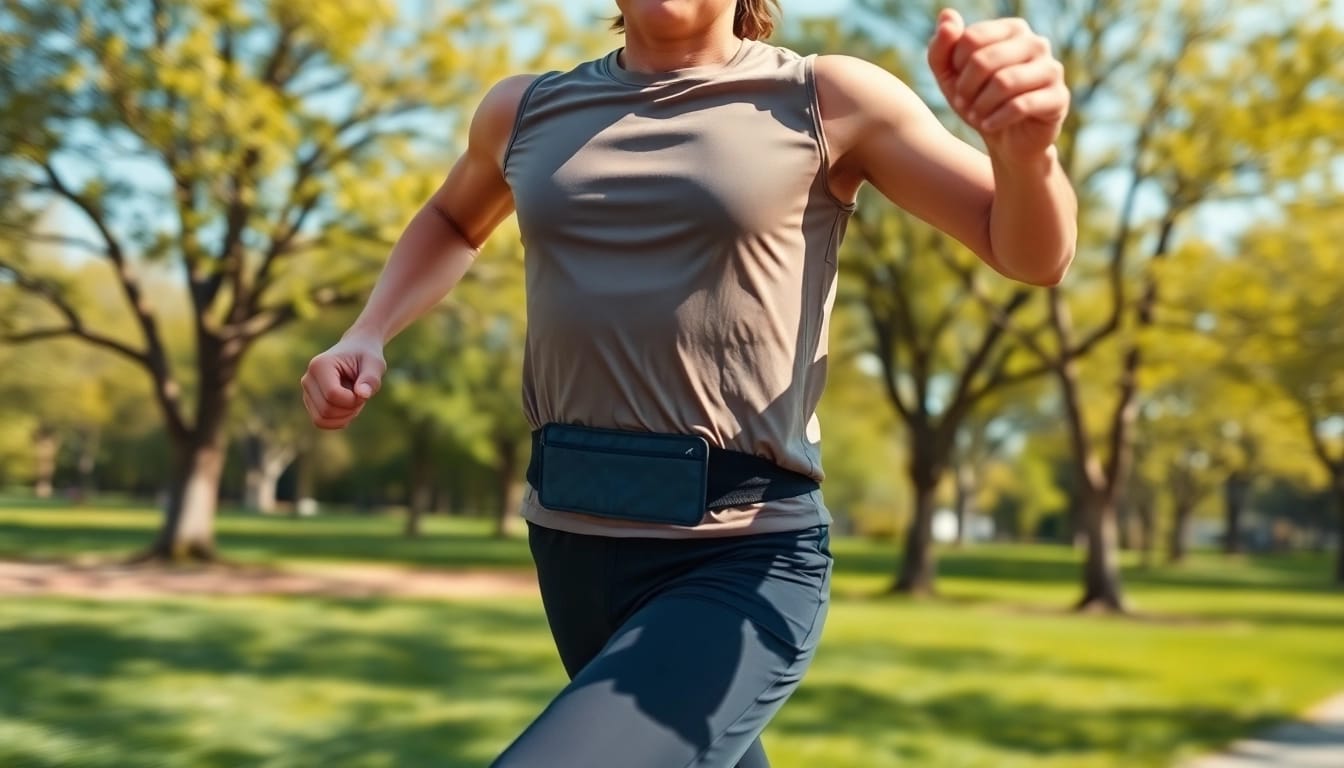 Runner showcasing a no bounce running belt in action, ensuring comfort and stability.