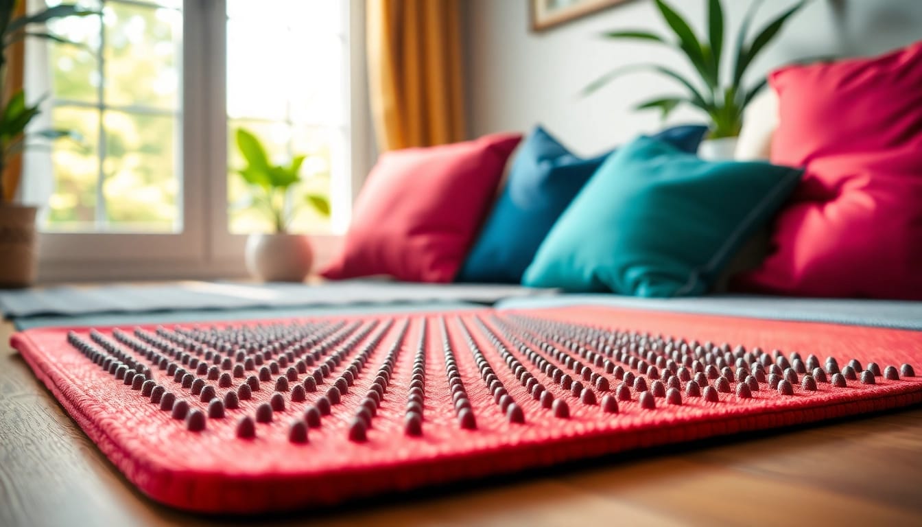 Akupressurmatte in entspannendem Umfeld mit schönen Farben für Wellness und Self-Care.