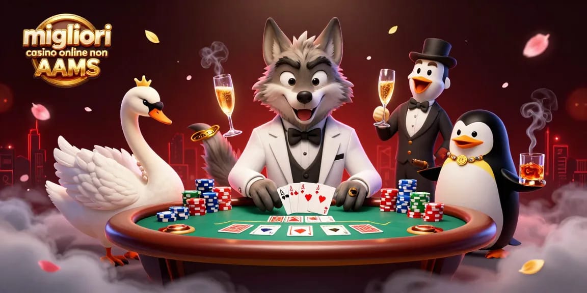 Gioca ai migliori casino online non AAMS con un lupo elegante che gestisce un tavolo da baccarat.