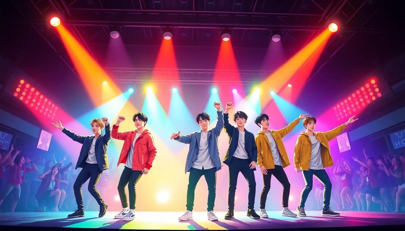 Performers celebrating on stage as bts members captivate fans with their talent