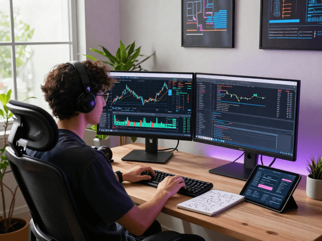 Developer analyzing Taiwan quant trading stock API data in a modern workspace.