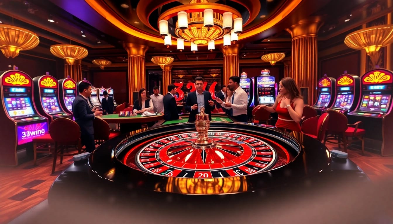 Betting action at 33win casino featuring a roulette table surrounded by excited players.