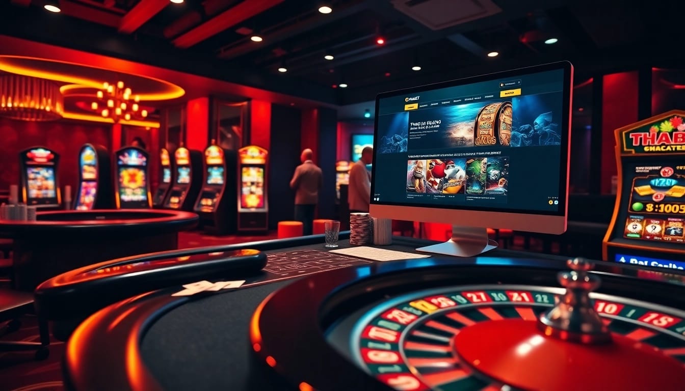 Enjoying a thrilling game at THABET online casino with vibrant slot machines and table games.
