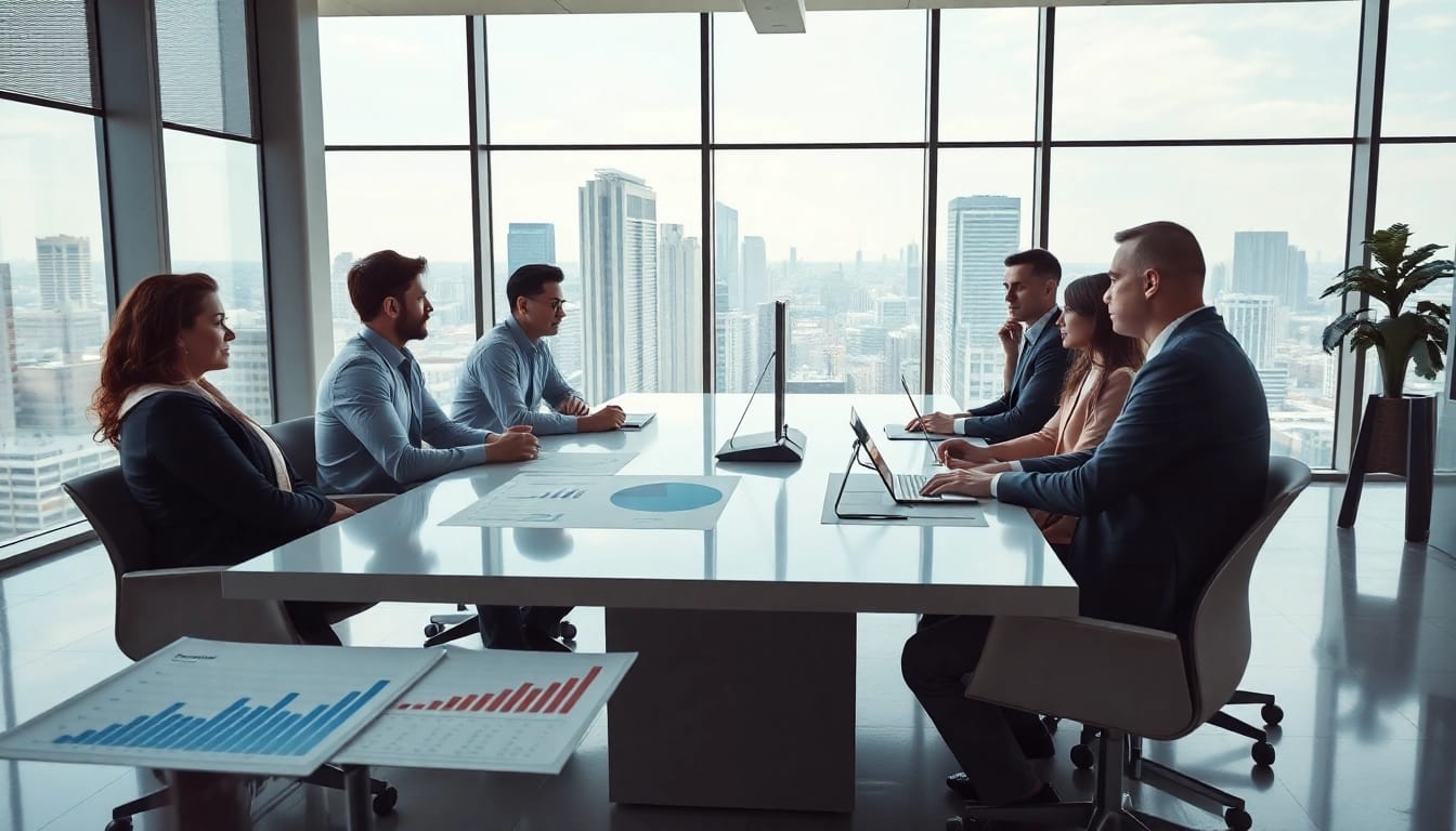 Professionals collaborating on growth strategy trends in a modern office environment.