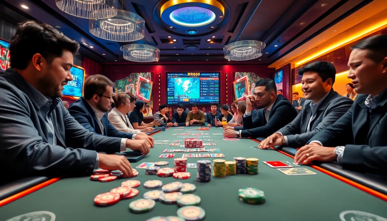 Engage in high-stakes betting at Nhà Cái RR88 with vibrant gaming table and enthusiastic players.