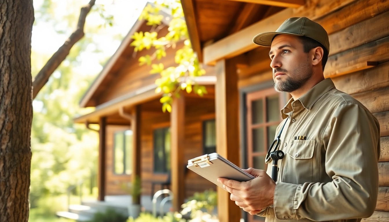 Conduct thorough termite inspection near me with an expert investigating wooden structures.