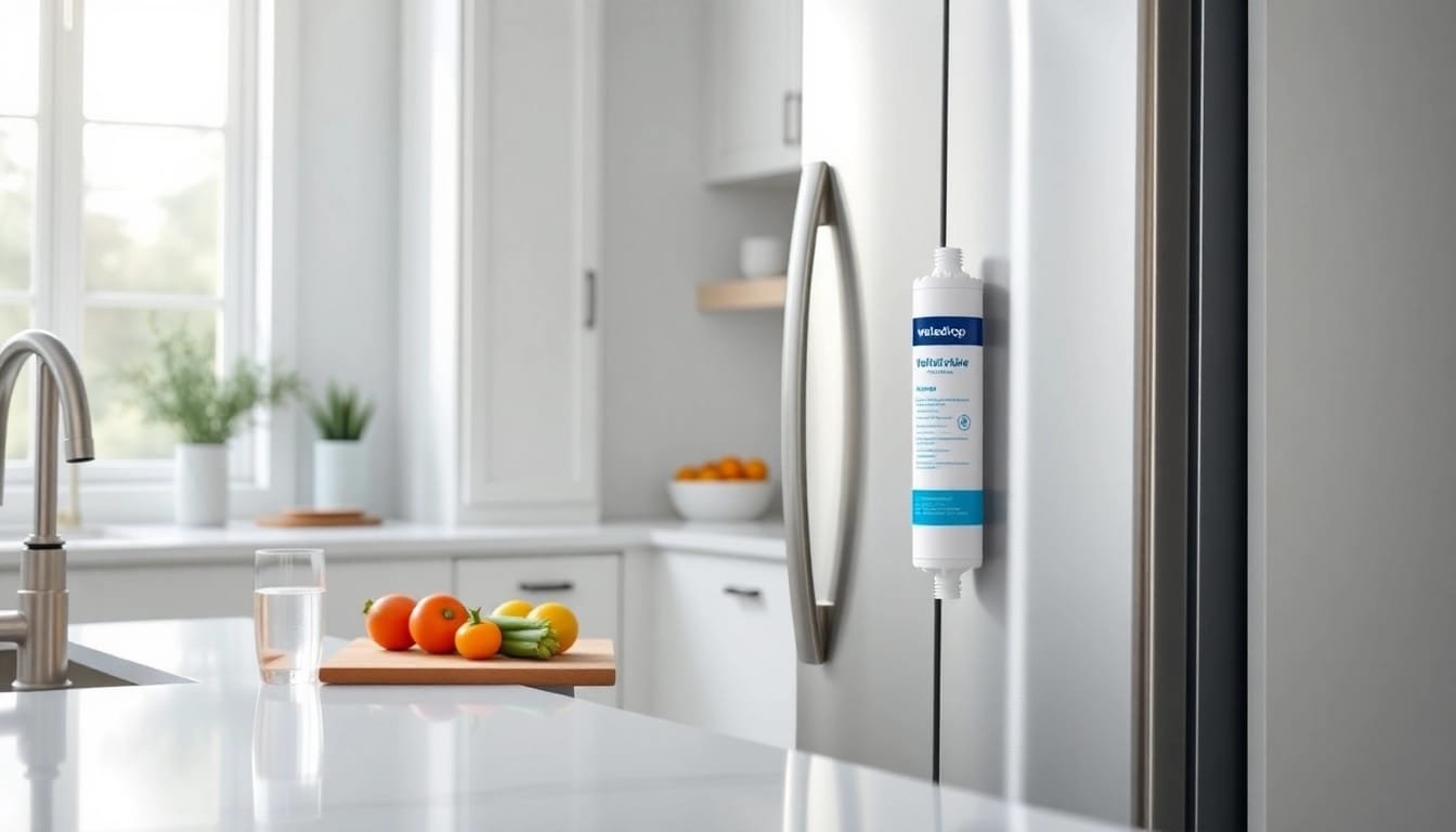 Waterdrop WF1CB Replacement for Frigidaire® PureSource WFCB filter showcased in a modern kitchen.