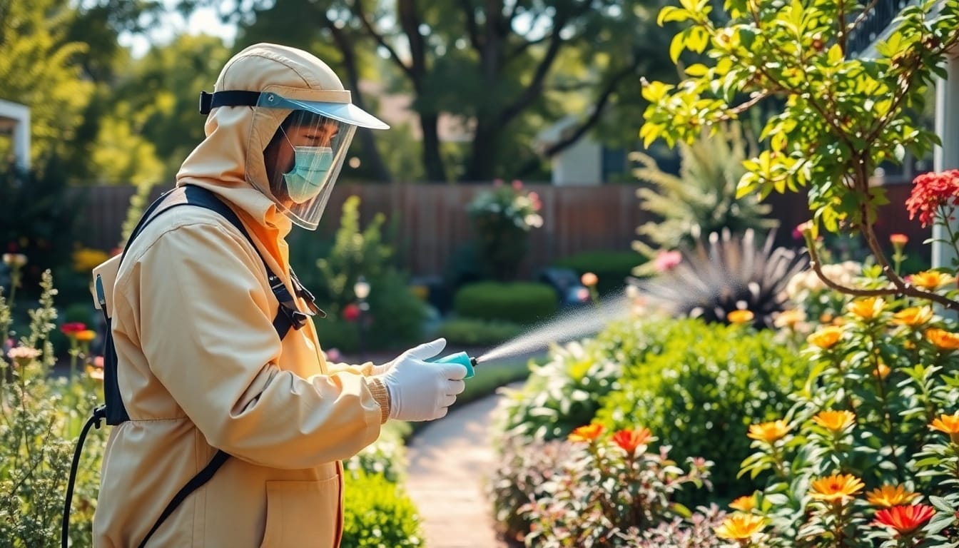 Implement a monthly insect control plan with a focused pest control technician in a lush garden.