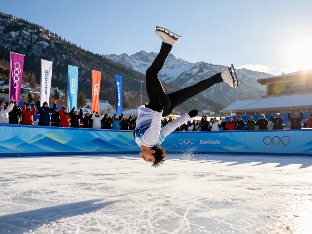 Winter Olympics Backflip Debate captured in action as a figure skater executes a stunning backflip, surrounded by an excited crowd.